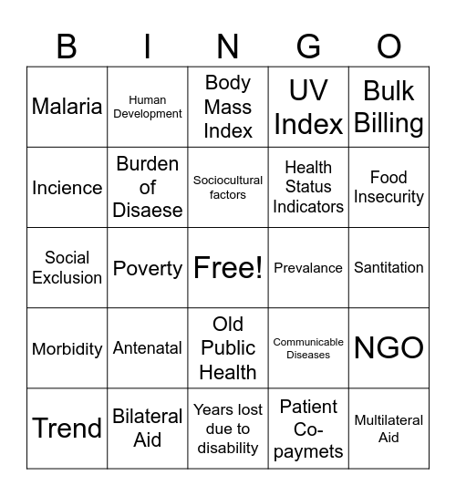 HHD Definitions Bingo Card