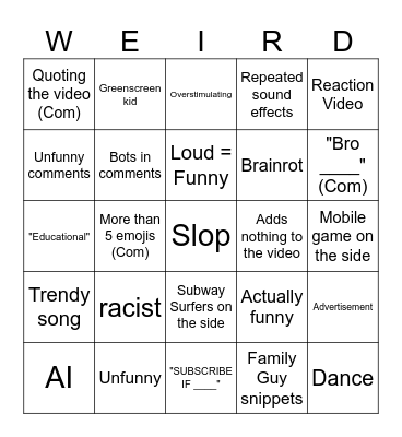 YT Shorts Bingo Card