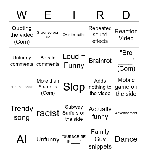 YT Shorts Bingo Card