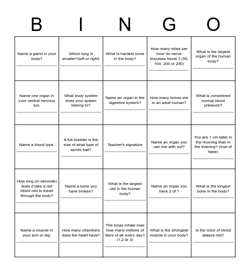 Anatomy bingo Card