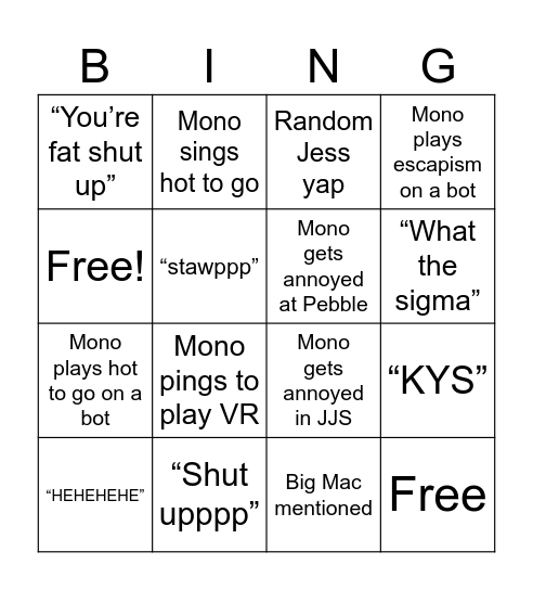 Mono Bingo Card