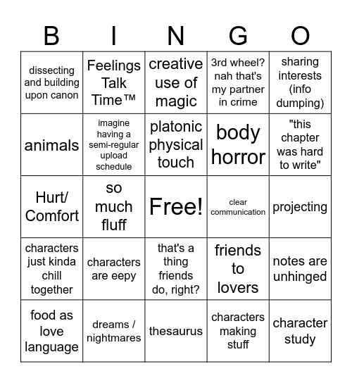 AJ's Writing Bingo Card