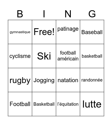 French Sports Bingo Card