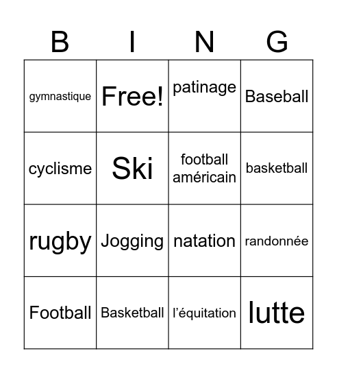 French Sports Bingo Card