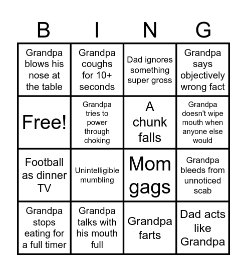 Grandpa Dinner Bingo Card