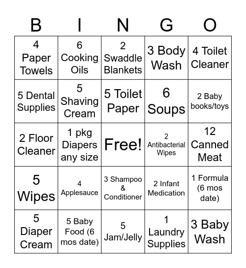 VA Pantry Supply Bingo Card