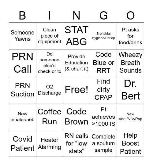 Respiratory Care Week Bingo Card