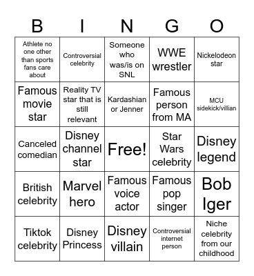 Disney celebrity bingo Card