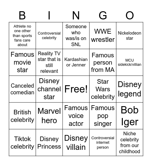 Disney celebrity bingo Card