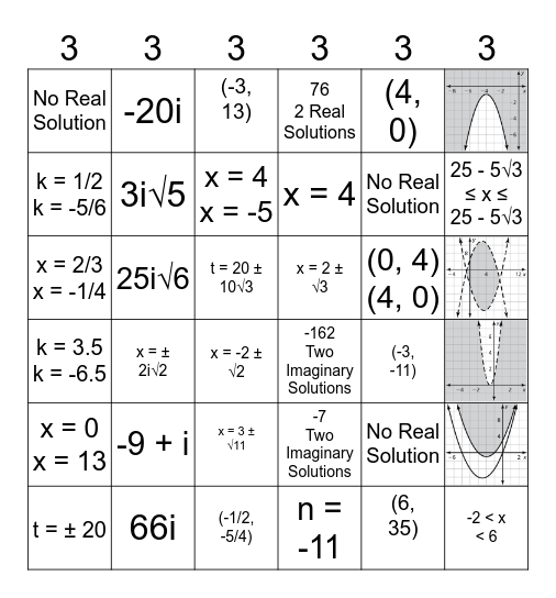 Unit 3: Quadratics and Complex Numbers Bingo Card