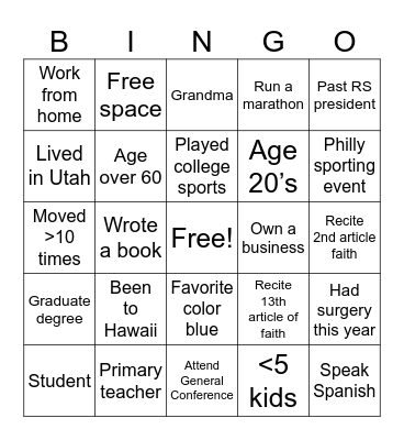 Relief Society Conference Bingo Card