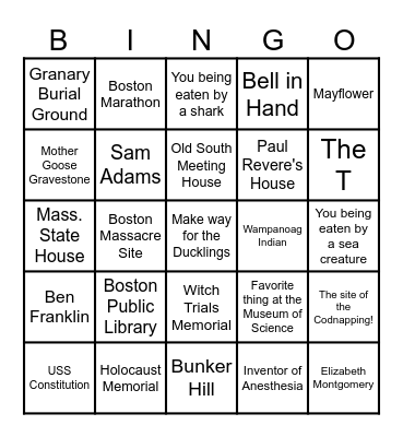 Boston Selfie Bingo Card