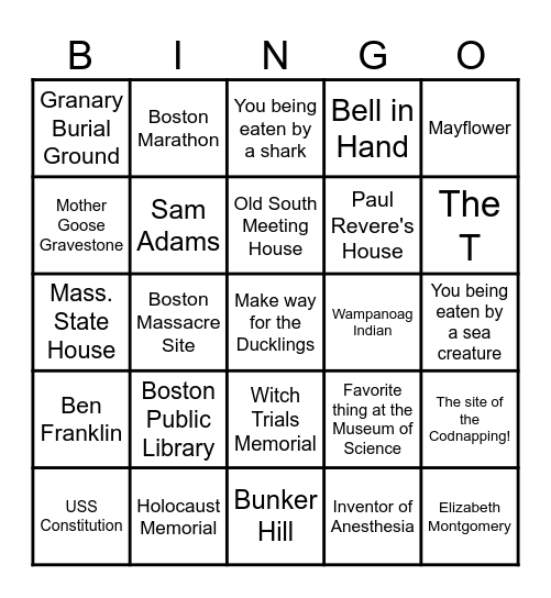 Boston Selfie Bingo Card