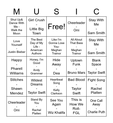 Pop Music Bingo Card