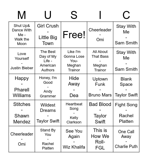 Pop Music Bingo Card