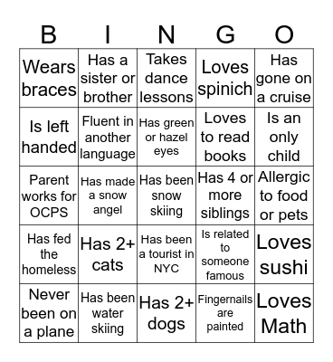 Getting to know classmates Bingo Card