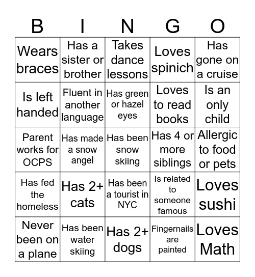 Getting to know classmates Bingo Card