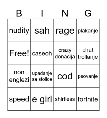 twitch streamer Bingo Card