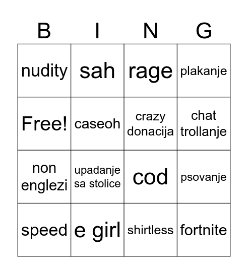 twitch streamer Bingo Card