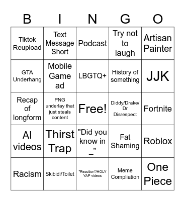 YouTube Shorts Bingo Card