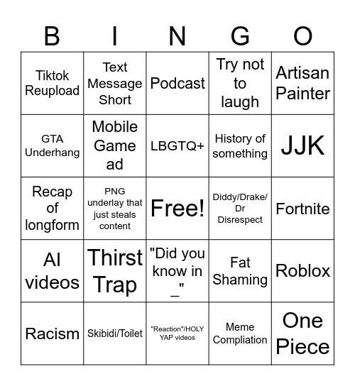 YouTube Shorts Bingo Card