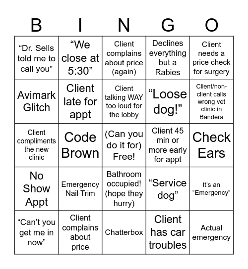 Bandera Vet Clinic Bingo Card