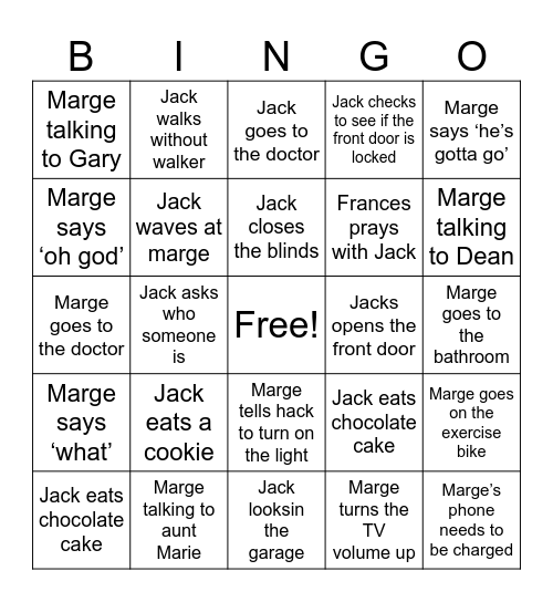 The Marge & Jack Show Bingo Card