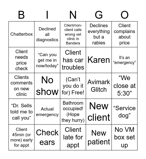 Bandera Vet Clinic Bingo Card