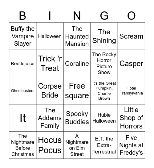 Fall Movie Bingo Card