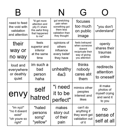 unhealthy chronically online 4w3 Bingo Card