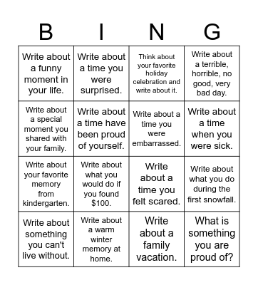 Personal Narrative Writing Prompts Bingo Card