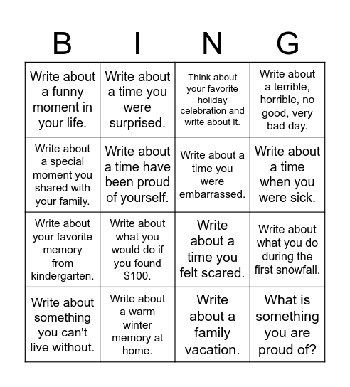 Personal Narrative Writing Prompts Bingo Card