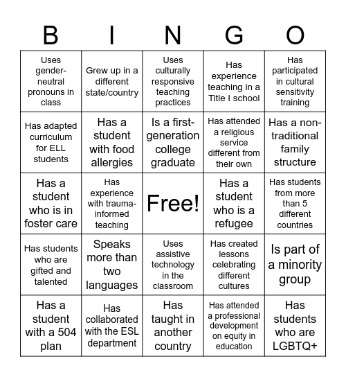 Diversity Bingo Card