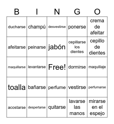 Verbos reflexivos Bingo Card