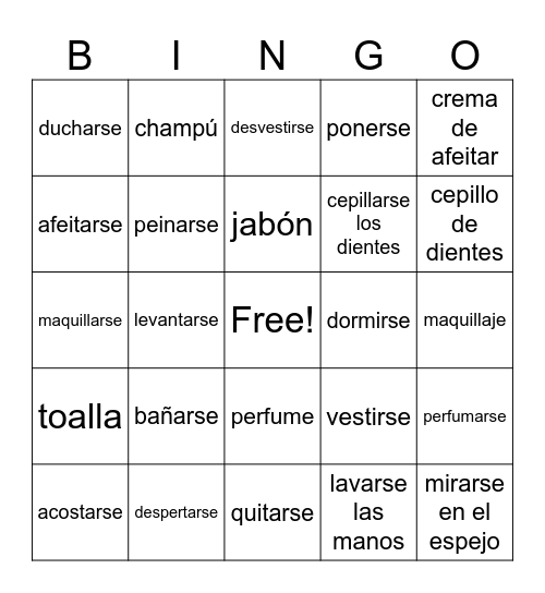 Verbos reflexivos Bingo Card