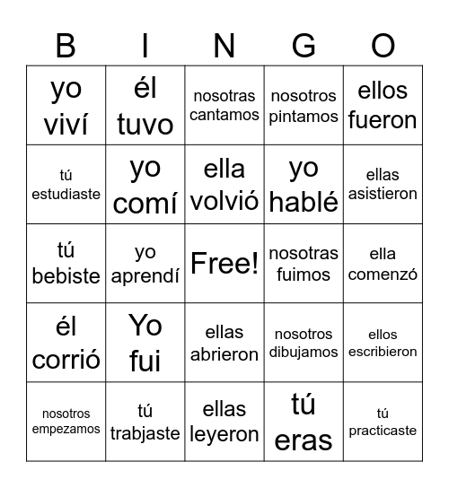 Verbos en preterito Bingo Card