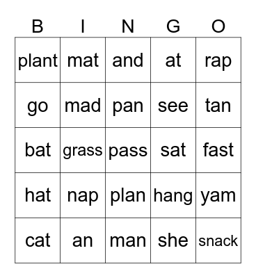 Short a Bingo Card