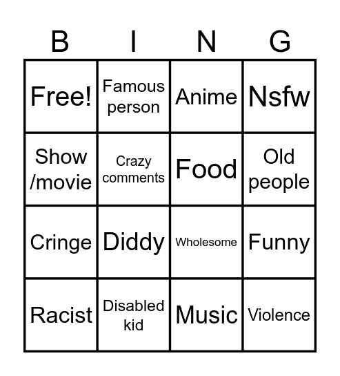 Instagram Bingo Card