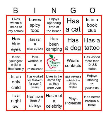 MALVERN SCHOOL BINGO Card