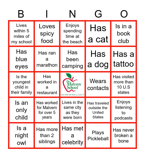 MALVERN SCHOOL BINGO Card