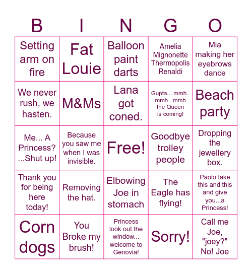 Princess Diaries Bingo Card