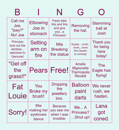 Princess Diaries Bingo Card