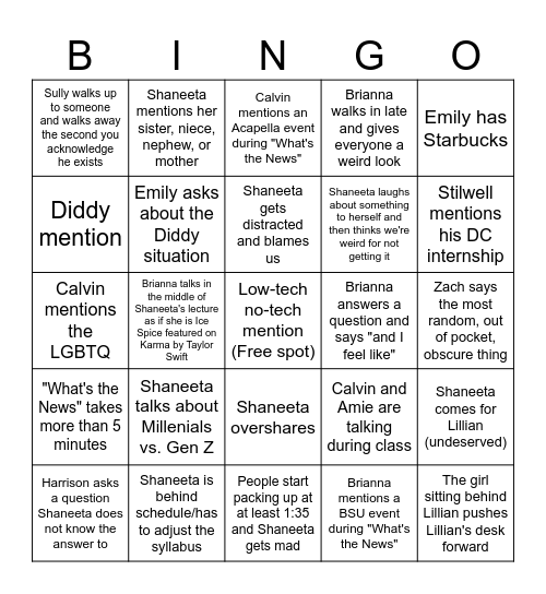 Shaneeta Pendelton Strat Comm BINGO Card