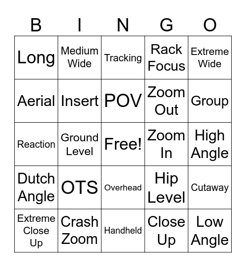 Film Shot Bingo Card