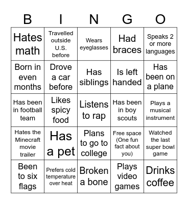 All about me Bingo Card