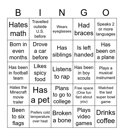 All about me Bingo Card