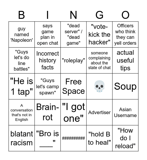 Blood and Iron Chat Bingo Card