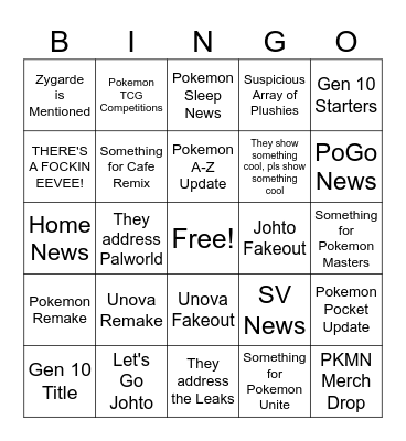 Pokemon Presents Bingo Card