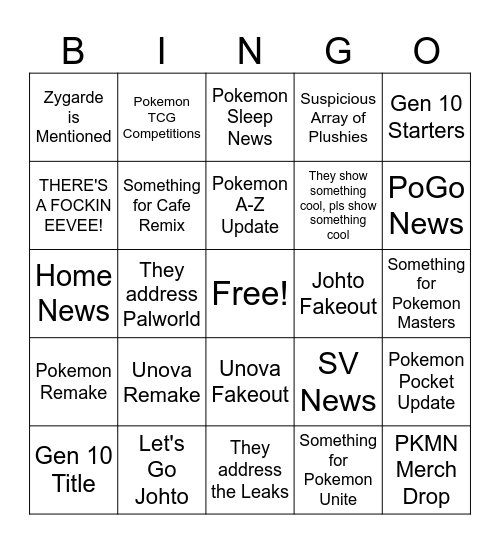 Pokemon Presents Bingo Card