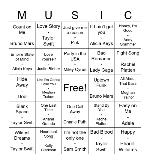 Popular Music Bingo Card